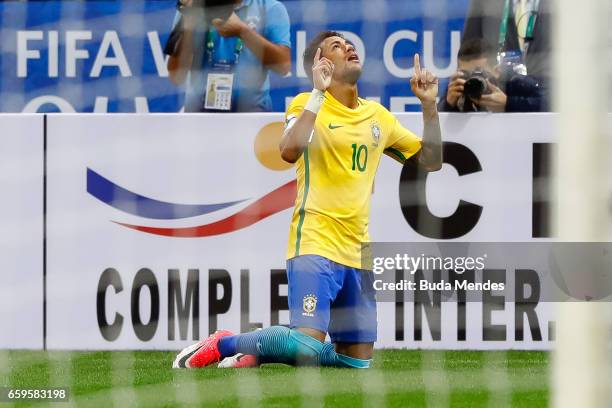 Neymar of Brazil celebrates a scored goal against Paraguay during a match between Brazil and Paraguay as part of 2018 FIFA World Cup Russia Qualifier...