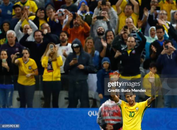 Neymar of Brazil celebrates a scored goal against Paraguay during a match between Brazil and Paraguay as part of 2018 FIFA World Cup Russia Qualifier...