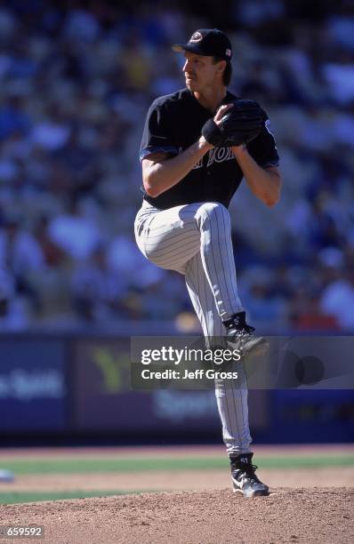 Pitcher Randy Johnson of the Arizona Diamondbacks winding up for a pitch during the game against the Los Angeles Dodgers at Dodger Stadium in Los...