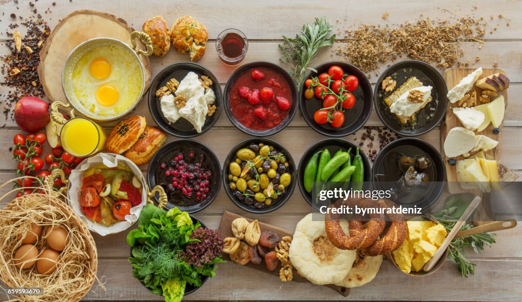 Breakfast time on wooden table