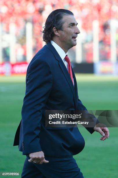 Juan Antonio Pizzi coach of Chile gestures during a match between Chile and Venezuela as part of FIFA 2018 World Cup Qualifier at Monumental Stadium...