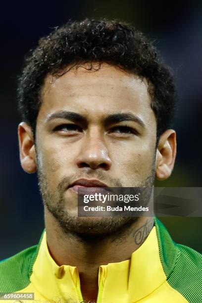 Neymar of Brazil looks on before a match between Brazil and Paraguay as part of 2018 FIFA World Cup Russia Qualifier at Arena Corinthians on March...