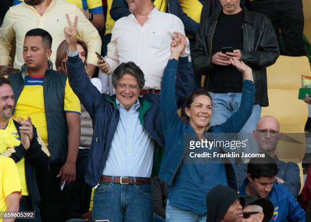 Jefferson Guillermo Lasso candidate for President of Ecuador greets the crowd during a match between Ecuador and Colombia as part of FIFA 2018 World...