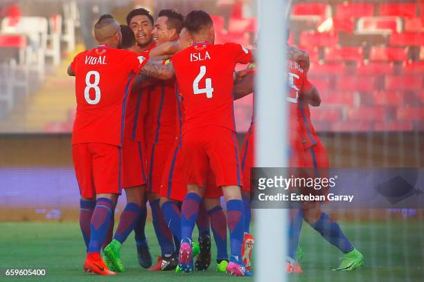 Esteban Paredes of Chile celebrates after scoring the second goal of his team during a match between Chile and Venezuela as a part of FIFA 2018 World...