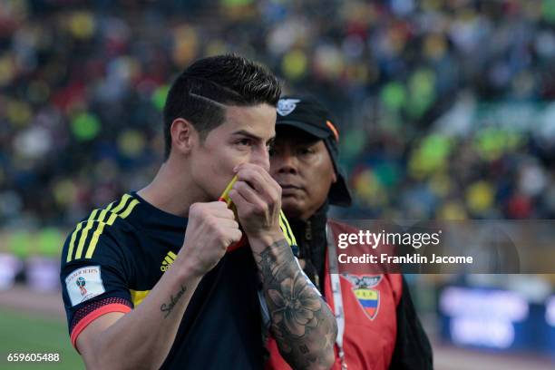 James Rodríguez of Colombia celebrates after a match between Ecuador and Colombia as part of FIFA 2018 World Cup Qualifiers at Atahualpa Olympic...