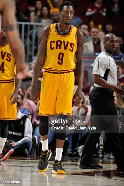 Larry Sanders of the Cleveland Cavaliers looks on during a game against the Washington Wizards on March 25, 2017 at Quicken Loans Arena in Cleveland,...