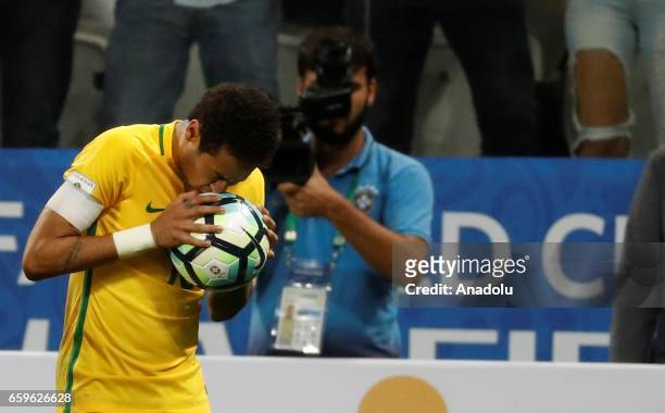 Neymar Jr. Of Brazil celebrates after scoring a goal against Paraguay during the 2018 FIFA World Cup Qualifying group match between Brazil and...