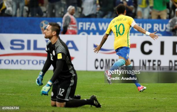 Neymar Jr. Of Brazil celebrates after scoring a goal against Paraguay during the 2018 FIFA World Cup Qualifying group match between Brazil and...