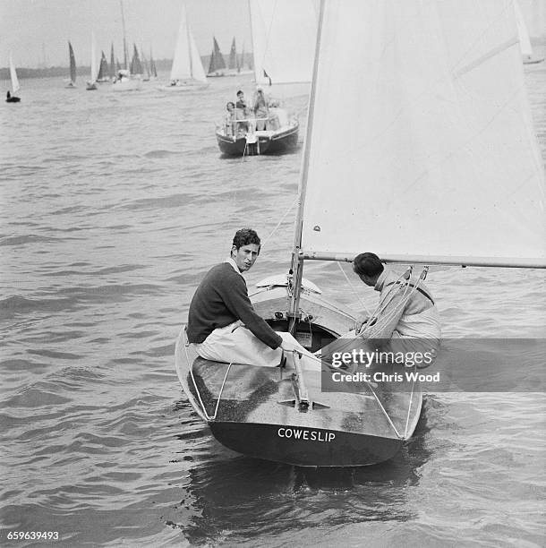 Prince Charles at the helm of his 20ft Flying Fifteen yacht 'Coweslip', in a handicap race off the Isle of Wight during the Cowes Week regatta, 3rd...