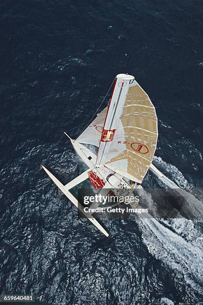 Yachtsmen Peter Blake and Mike Quilter of New Zealand sail the Steinlager 1 trimaran racer across the Pacific Ocean during the Bicentennial...