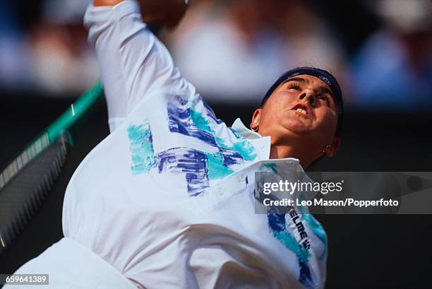 Spanish tennis player Conchita Martinez pictured in action during progress to reach the semifinals of the Ladies' Singles tournament at the Wimbledon...