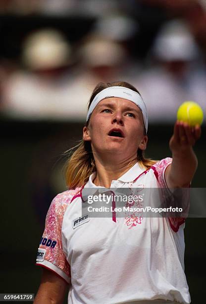 Czechoslovak tennis player Jana Novotna pictured in action during progress to reach the final of the Ladies' Singles tournament at the Wimbledon Lawn...