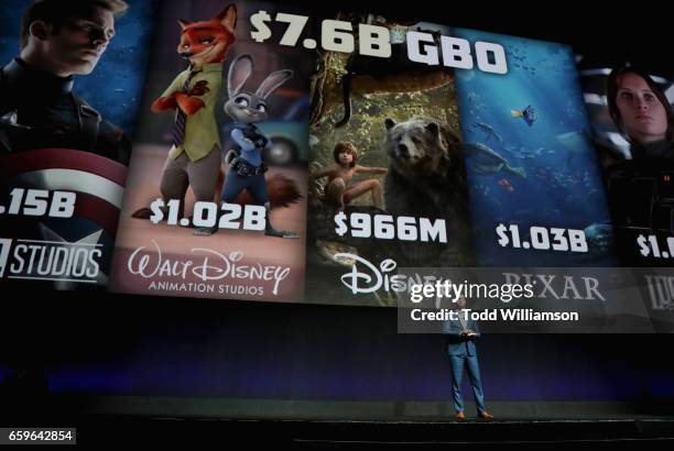 Disney Head of Distribution Dave Hollis speaks onstage at CinemaCon 2017 The Walt Disney Studios Invites You to its 2017 Presentation Including a...