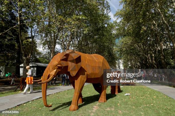 General view of the sculpture garden at the Melbourne International Flower and Garden Show at the Royal Exhibiton Building and Carlton Gardens on...