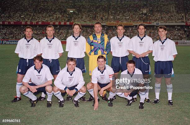 Members of the England football team during their tour of Hong Kong and China, May 1996. Back row, left to right: Paul Gascoigne, Alan Shearer, Steve...
