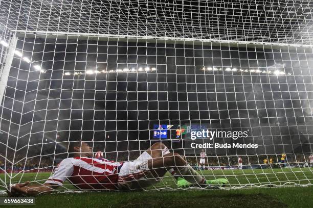 Paulo Da Silva of Paraguay laments after the goal by Marcelo of Brazil during a match between Brazil and Paraguay as part of 2018 FIFA World Cup...