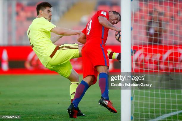 Esteban Paredes of Chile shoots to score the third goal of his team during a match between Chile and Venezuela as part of FIFA 2018 World Cup...