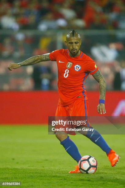 Arturo Vidal of Chile takes a shot during a match between Chile and Venezuela as part of FIFA 2018 World Cup Qualifiers at Monumental Stadium on...