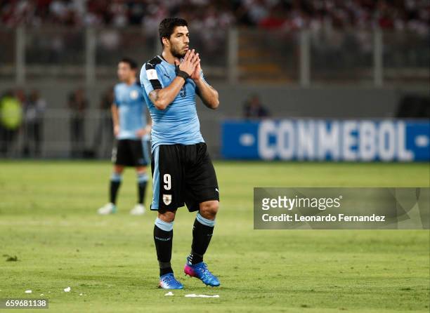Luis Suarez of Uruguay reacts at the end of a match between Peru and Uruguay as part of FIFA 2018 World Cup at Nacional Stadium on March 28, 2017 in...
