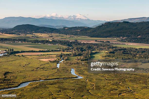 the skagit river delta seen from above. - skagit-valley stock pictures, royalty-free photos & images