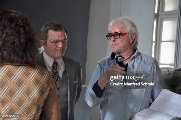 Cornelius Obonya and Reinhold Bilgeri attend the 'Erik.Weltmeisterin' on set photo call at Kloster Mariabrunn on March 28, 2017 in Vienna, Austria.