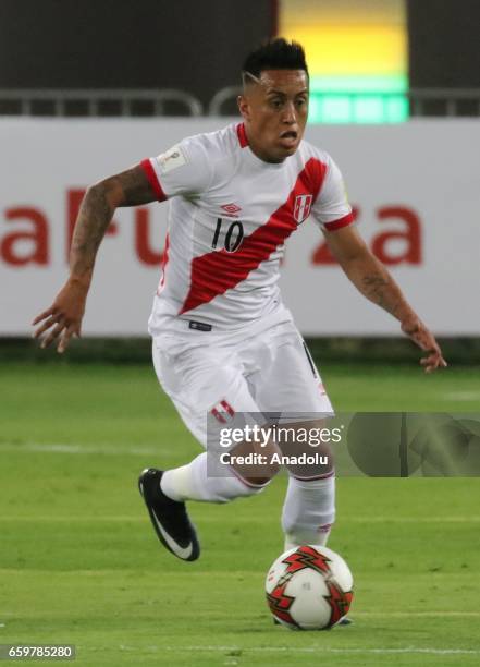 Christian Cueva of Peru in action during 2018 FIFA World Cup Qualification match between Peru and Uruguay at National Stadium in Lima, Peru on March...