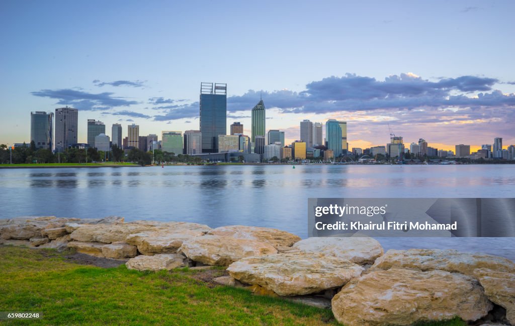 Dramatic sunrise over the city of Perth, Australia