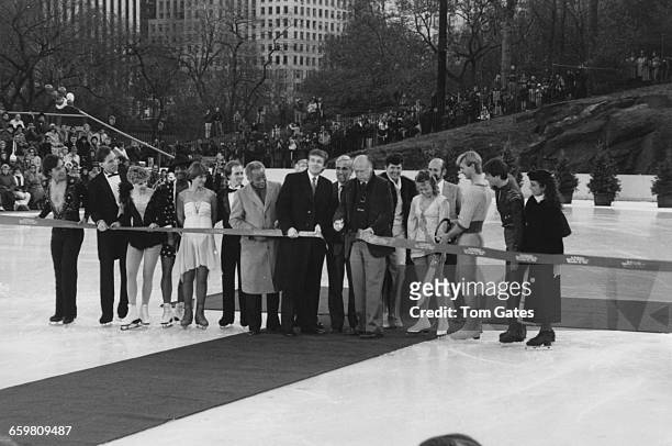 American businessman Donald Trump at the re-opening ceremony of the Wollman Rink in Central Park, New York City, 13th November 1986. Cutting the...