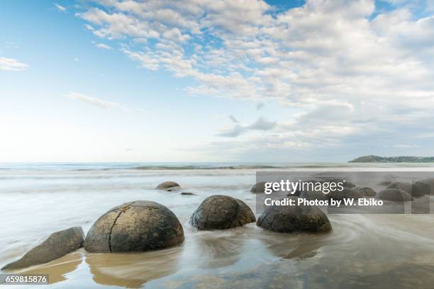 moeraki boulders - 海岸 stockfoto's en -beelden