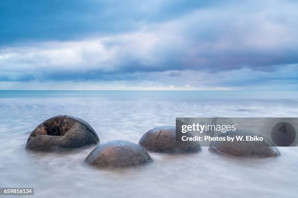 moeraki boulders - 海岸 stockfoto's en -beelden