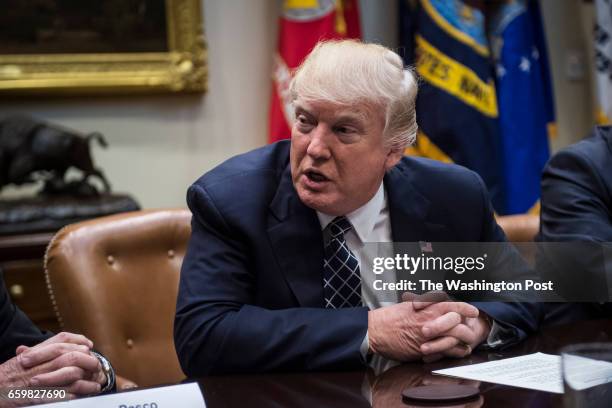 President Donald Trump speaks during a meeting with the Fraternal Order of Police in the Roosevelt Room of the White House in Washington, DC on...