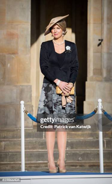 Queen Maxima of The Netherlands welcome President Mauricio Macri during an official welcome ceremony at the Royal Palace on March 27, 2017 in...