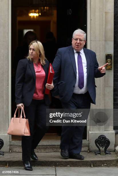 Culture Secretary Karen Bradley and Chancellor of the Duchy of Lancaster, Patrick McLoughlin depart 10 Downing Street on March 29, 2017 in London,...