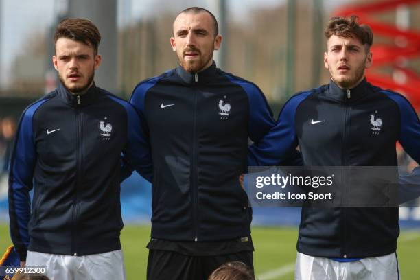 Jeremy Gelin , Paul Bernardoni and Yoan Severin of France during the 4 Nations Tournament U20 match between France and Portugal on March 28, 2017 in...