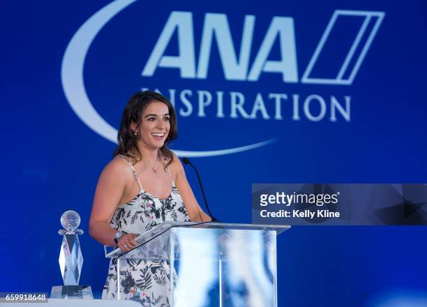 Paralympic swimmer and ESPN reporter Victoria Arlen accepts the ANA Inspiration Award at the ANA Inspiring Women in Sports Conference at Mission...