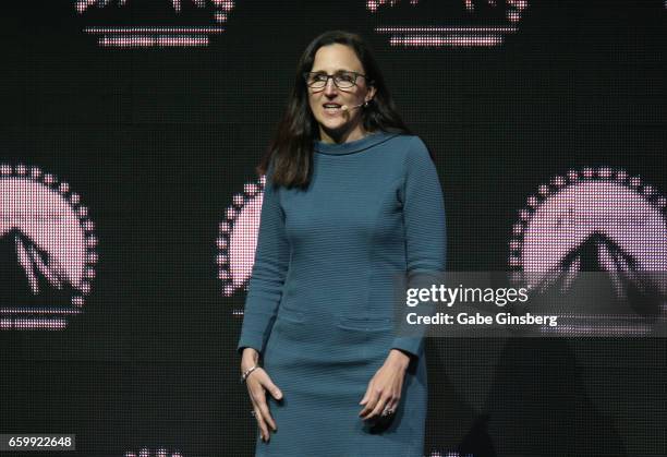 Theatres Executive Vice President and Chief Content & Programming Officer Elizabeth Frank speaks at Paramount Pictures' presentation highlighting its...