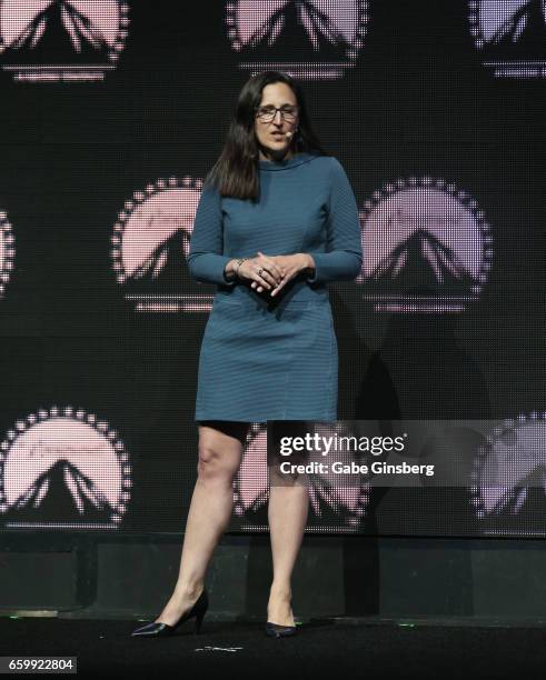 Theatres Executive Vice President and Chief Content & Programming Officer Elizabeth Frank speaks at Paramount Pictures' presentation highlighting its...