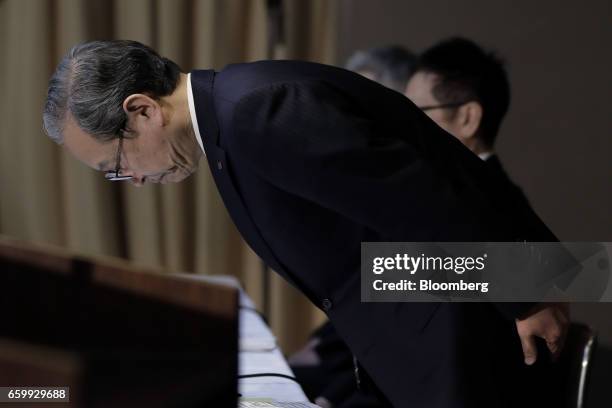 Satoshi Tsunakawa, president of Toshiba Corp., bows during a news conference in Tokyo, Japan on Wednesday, March 29, 2017. Toshiba projected its...