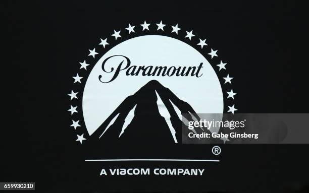 Logo for Paramount Pictures is displayed at Paramount Pictures' presentation highlighting its 2017 summer and beyond during CinemaCon at The...