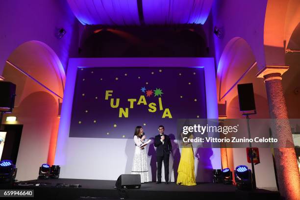 Geppi Cucciari, Federico Marchetti and Elisa Sednaoui attend Elisa Sednaoui Foundation and Yoox Net a Porter Event on March 28, 2017 in Milan, Italy.