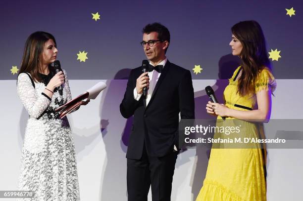 Geppi Cucciari, Federico Marchetti and Elisa Sednaoui attend Elisa Sednaoui Foundation and Yoox Net a Porter Event on March 28, 2017 in Milan, Italy.