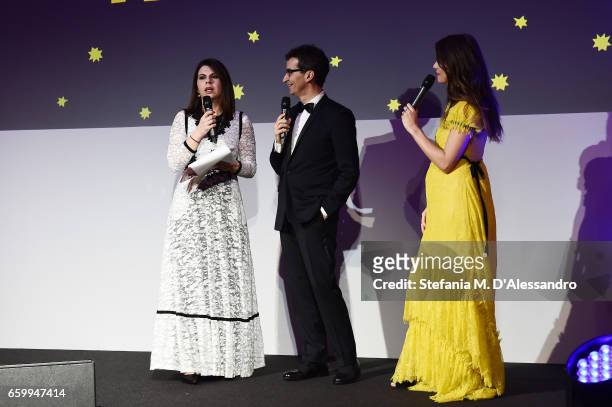 Geppi Cucciari, Federico Marchetti and Elisa Sednaoui attend Elisa Sednaoui Foundation and Yoox Net a Porter Event on March 28, 2017 in Milan, Italy.