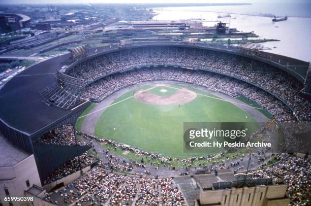 Aerial view of the home of the Cleveland Indians circa 1956 at Cleveland Municipal Stadium in Cleveland, Ohio.