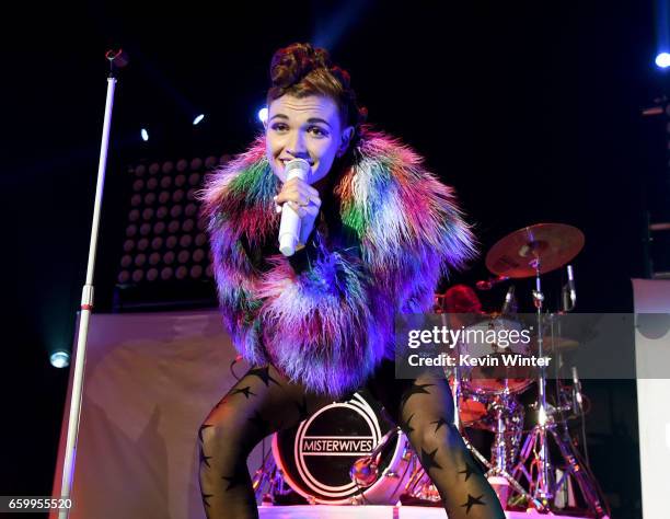 Singer Mandy Lee of MisterWives performs at The Forum on March 28, 2017 in Inglewood, California.