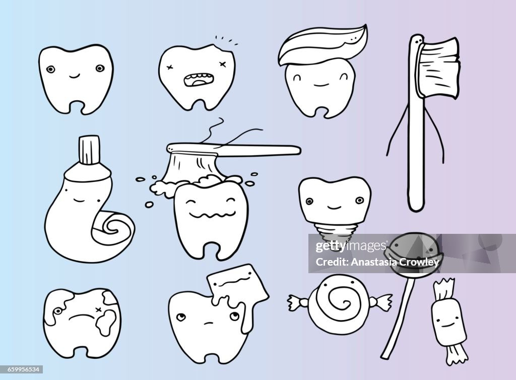 Cute Cartoon Teeth And Toothbrush Element Set Oral Dental Hygiene Children  Teeth Care Poster Vector Illustration High-Res Vector Graphic - Getty Images