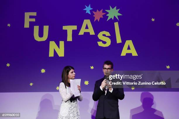 Geppi Cucciari and Federico Marchetti attend Elisa Sednaoui Foundation and Yoox Net a Porter Event on March 28, 2017 in Milan, Italy.