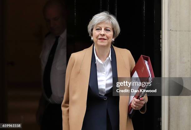 British Prime Minister Theresa May departs 10 Downing Street on March 29, 2017 in London, England. Later today British Prime Minister Theresa May...