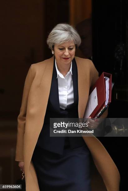 British Prime Minister Theresa May departs 10 Downing Street on March 29, 2017 in London, England. Later today British Prime Minister Theresa May...