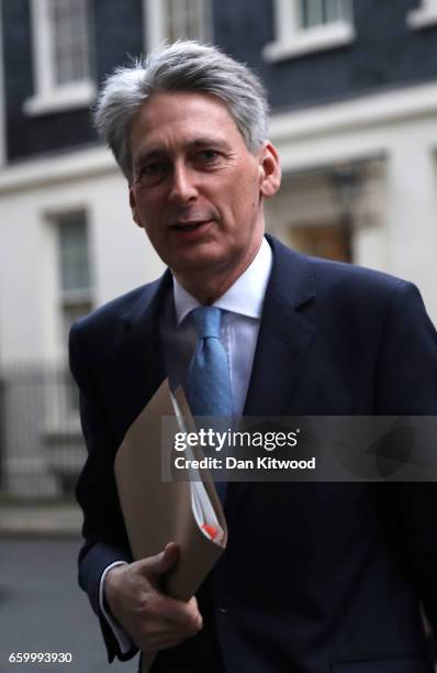 British Chancellor of the Exchequer Philip Hammond leaves 10 Downing Street on March 29, 2017 in London, England. Later today British Prime Minister...