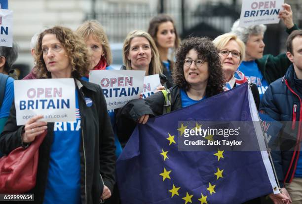 Protesters hold placards and flags during a demonstration outside of Downing Street on March 29, 2017 in London, England. Later today British Prime...